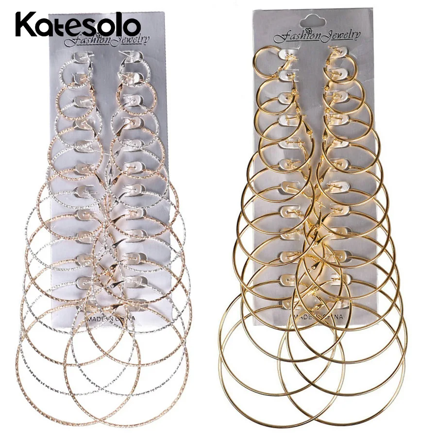 

12 Pairs/Set Rock Punk Silver with Gold Color Big Circle Earrings Set For Women Statement Hoop Steampunk Ear Sets Jewelry
