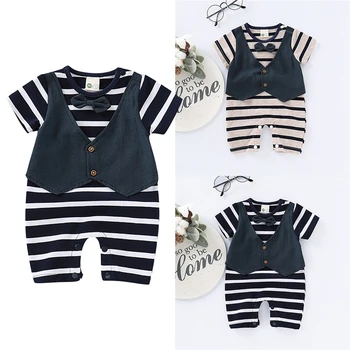 

Newborn Infant Toddler Baby Boy Romper Summer Short Sleeve Bow Striped Jumpsuit Clothing Playsuit Gentleman Clothes Outfit