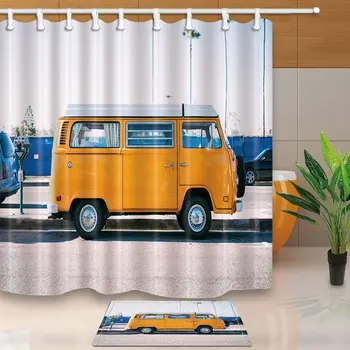 

Car Decor, Cute Tiny Yellow Bus 69X70in Shower Curtain Suit With Flannel Non-Slip Floor Doormat Bath Rugs