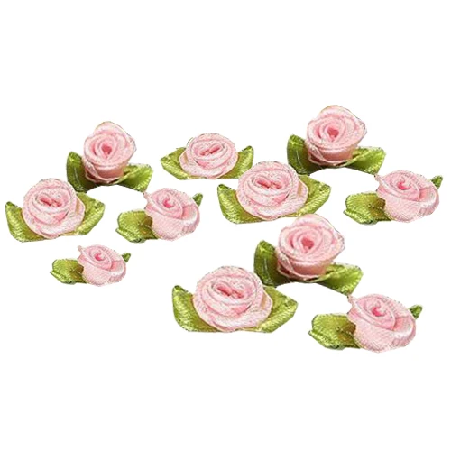 

100pcs Mini Satin Ribbon Rose Flower Leaf Wedding Decor Appliques Sewing DIY Main Color:Pink