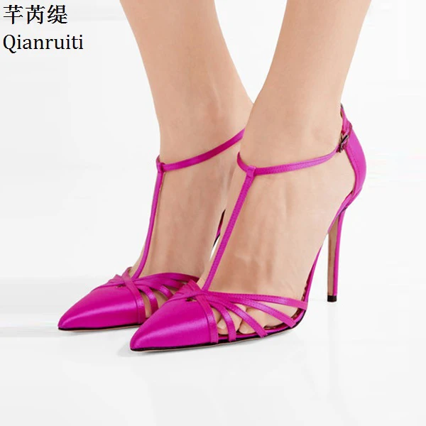

Qianruiti Fuschia Silk Stiletto Heels Women Shoes Summer T-Strap High Heels Women Sandals Pointed Toe Ankle Buckle Women Pumps