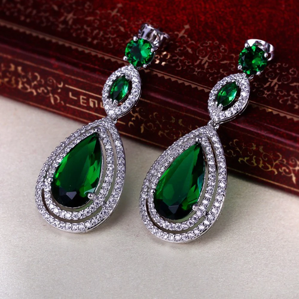 Promotion New Earrings brinco feminino kolczyki bijuterias Waterdrop 3 colors Blue Green Clear CZ stones Drop Earrings