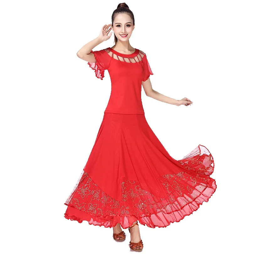 Дамы современное Танго бальных танцев костюм набор соревнований женский костюм для вальса стандартная танцевальная одежда латиноамериканские танцы 2 шт Топы+ юбка - Цвет: Red