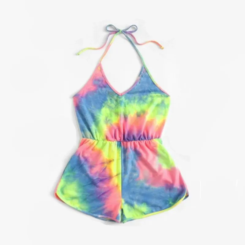 

Tie Dye Gradient Sexy Bandage Playsuit Women Halter Beach Short Romper Overalls Body Suit Summer Backless Jumpsuit Bodysuit