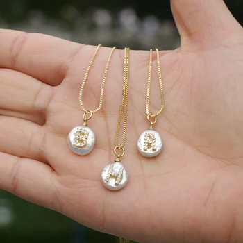 

white CZ initial 26 alphabet letter natural coin freshwater pearl charm gold pendant thin chain choker necklace for women
