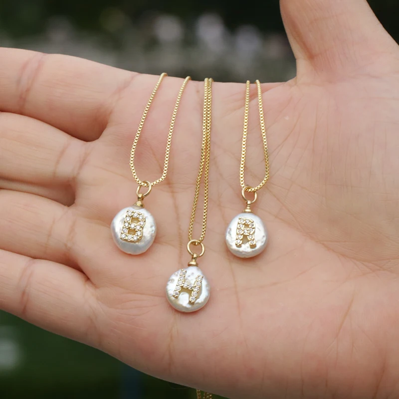 

white CZ initial 26 alphabet letter natural coin freshwater pearl charm gold silver pendant thin chain choker necklace for women