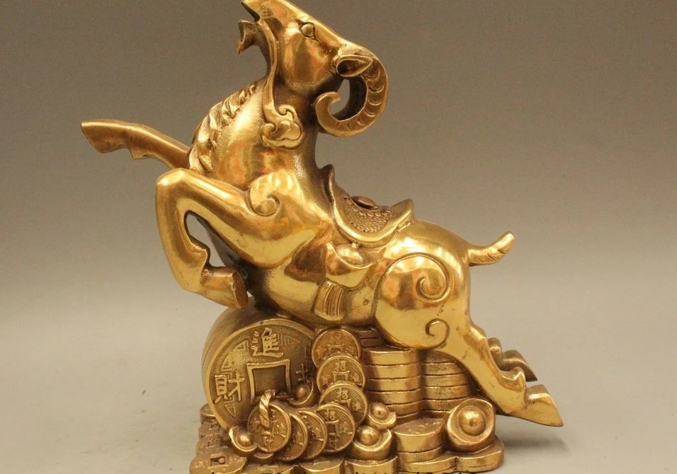 

7" Chinese Folk Brass Wealth Zodiac Year Sheep Yuan Bao Money Statue Sculpture