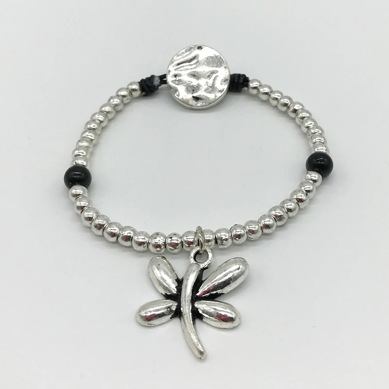 

Hand Made Braided Beaded Bracelets Antique Silver Black Hollow Heart Dragonfly Wing Bracelets for women B048