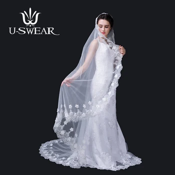 

U-SWEAR Hot Sale Flower Appliqued One Layer Wedding Veils White Soft Lace Edge Bridal Veil For Wedding Dress Cathedral Veil