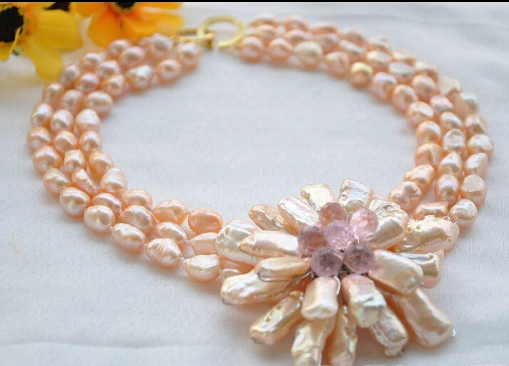 

HOT## Wholesale FREE SHIPPING P4099 3row 14mm pink baroque freshwater pearl faceted crystal necklace