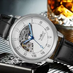 Мужские Роскошные Механические наручные часы WINNER с кожаным ремешком, механические, ручной, римские цифры в форме полумесяца циферблат с