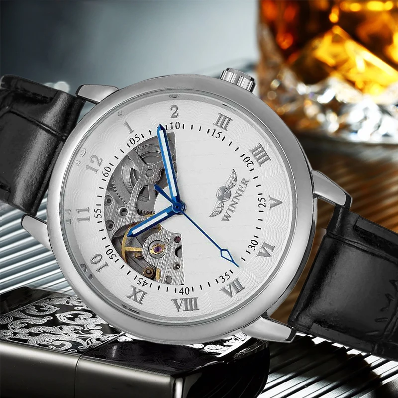

WINNER Men Luxury Mechanical Wristwatch Leather Strap Mechanical-hand-wind Roman Number Half Moon Shape Dial Unique Design Watch