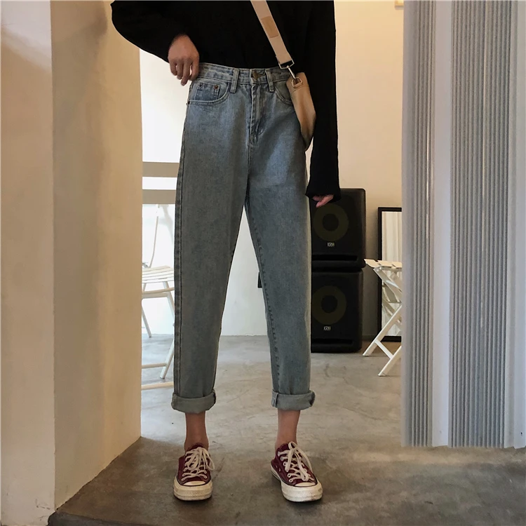 Женские джинсы с высокой талией длиной до щиколотки, свободные узкие универсальные прямые повседневные брюки с широкими штанинами