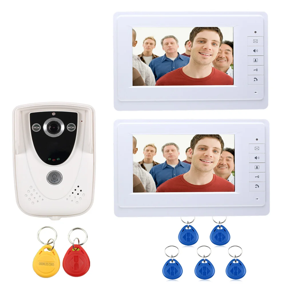 

Wholesale Wired Touch Key 7" Video Door Phone Intercom System 1 RFID Keypad Code Number Doorbell Camera 2 Monitor FREE SHIPPING