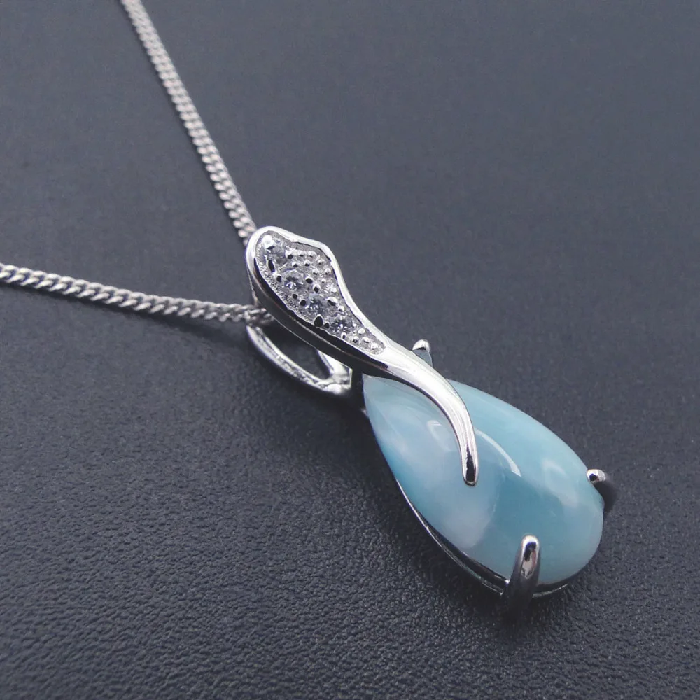 Natural Larimar 100% 925 Sterling Silver Pendant Water Drop Shape Genuine Stone Charm Pendant for Women Gift without Chain