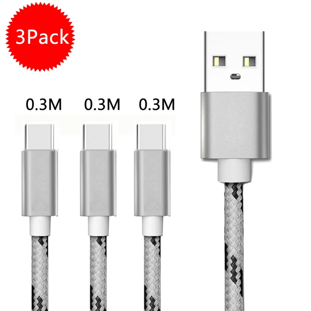 

USB Type C Cable Fast Charging USB C Cable for Galaxy S9 S8 Oneplus 6 P10 Nylon Braided Data Sync Type-C Phone Cable[0.3mx3Pack]