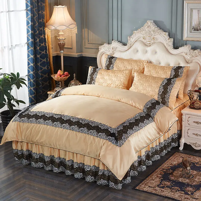 

Luxury royal bedding set silk cotton quilt cover lace bed skirt pillowcase 4pcs