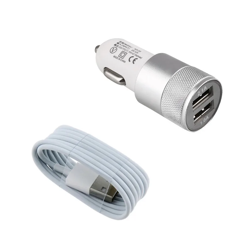 Silver & Golden Aluminum Material Dual Universal USB Car Charger + 8Pin