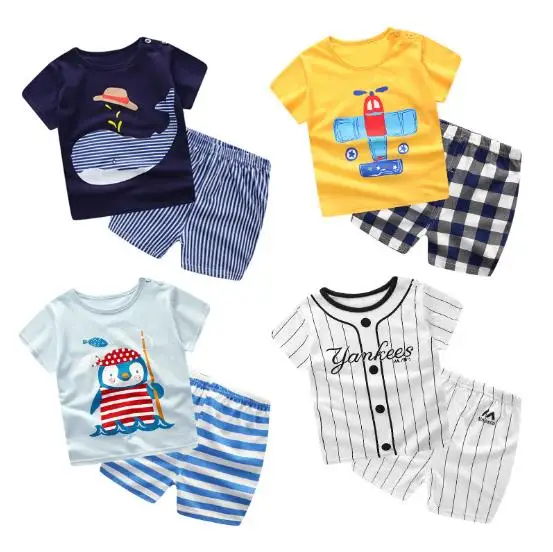 

2019 Summer Children Cotton Short Sleeved Suit Short Two Suit Shoulder Buckle Baby Boys Girls Set