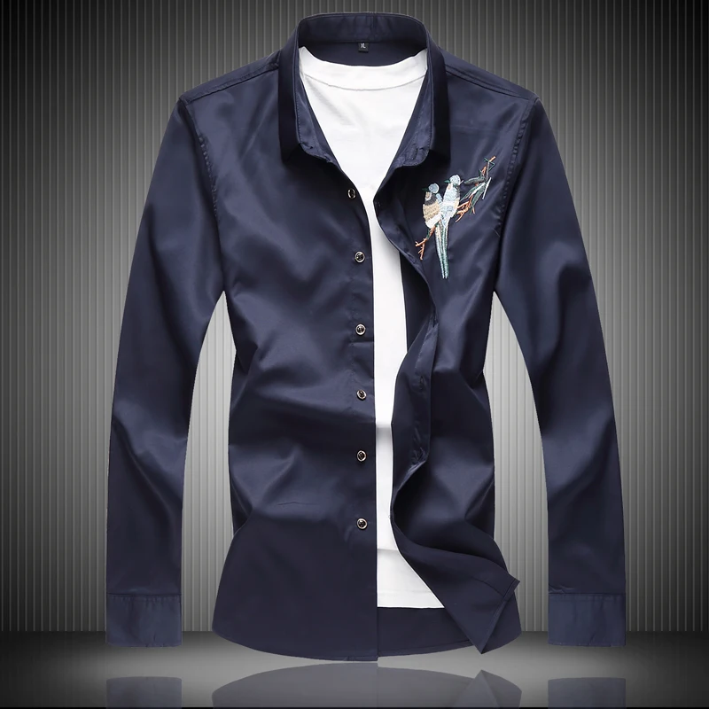 Spring Autumn Male Embroidery Shirt Floral Animal Long Sleeve Casual Tops