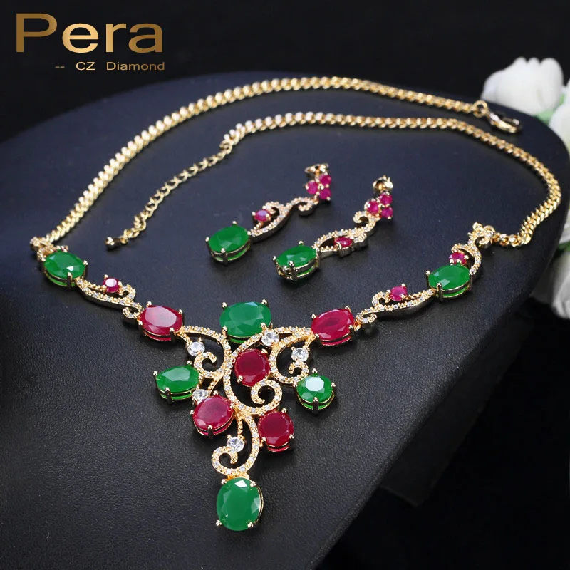 

Pera CZ Vintage African Green And Red Stone Yellow Gold Color Nigerian Women Big Cubic Zirconia Jewelry Sets For Party J081
