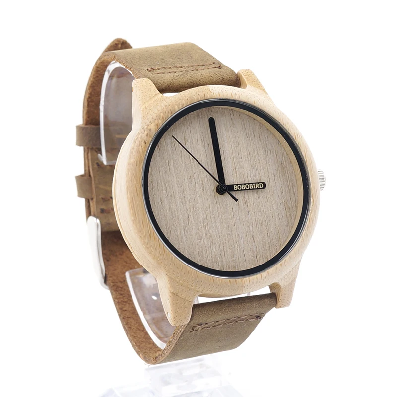 BOBO BIRD V-A22 Bamboo Wooden Quartz Watch Mens Luxury Brand Leather Watch Logo Silk-Screen on Hour Hand erkek kol saati