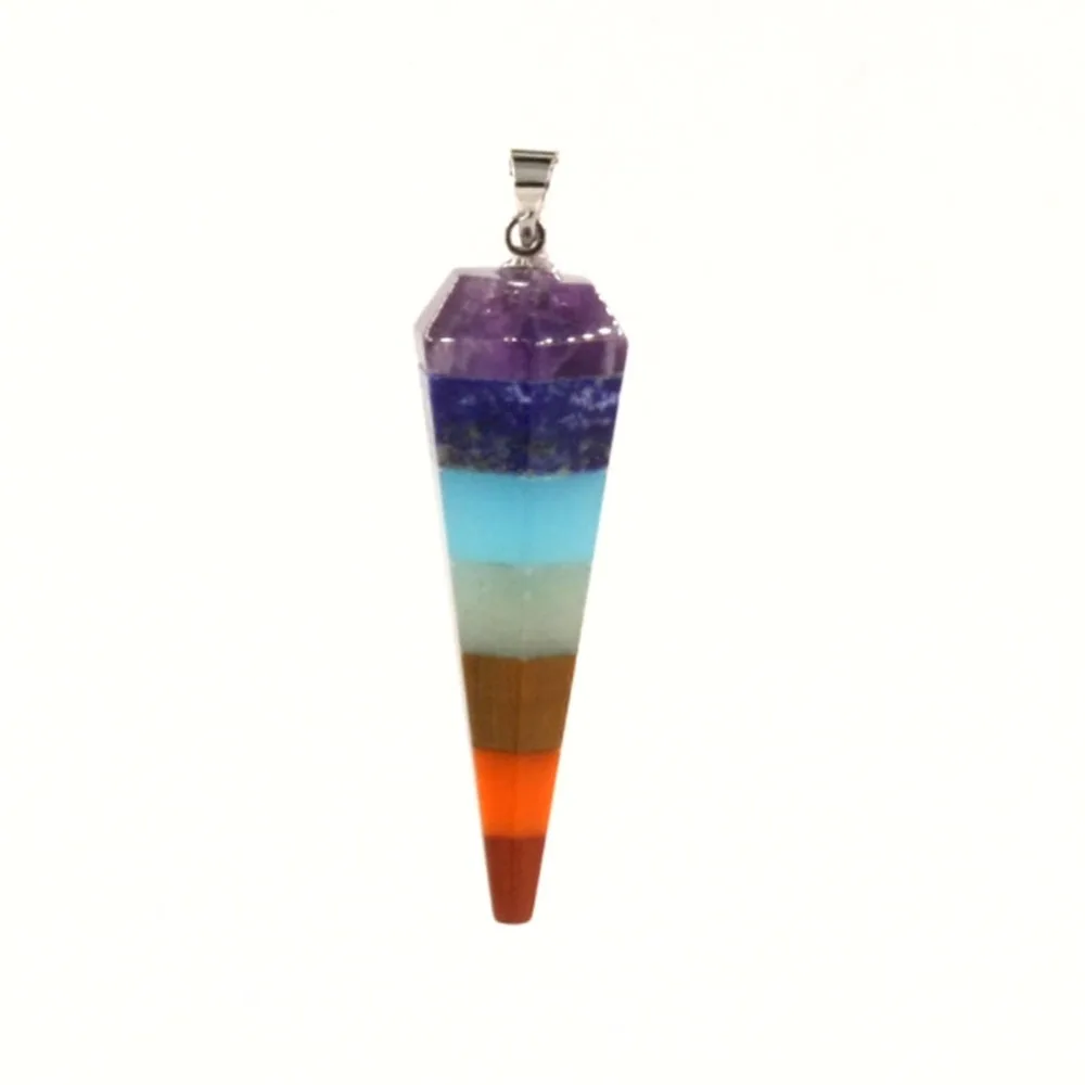 

6PC Rainbow 7 Chakra Layered Stones Pendant Pendulums Healing Dowsing Reiki Gems Onyx Crystals Hexagon Bullet Prism Pendant Free