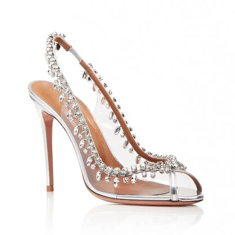 

Designer Summer Clear PVC High Heels Sandals Crystal Stud Dress Wedding Shoes Woman Open Toe Thin High Heels Pumps Women Shoes