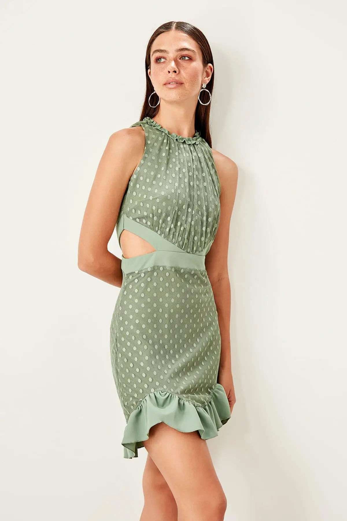 Trendyol/зеленое платье в горошек с заниженной талией TPRSS19FZ0120|Платья| |