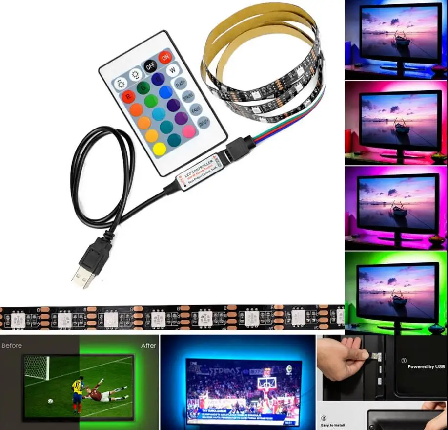 5V 3528 60SMD//M RGB LED Strip Light Bar TV Back Lighting Kit+USB Remote Control