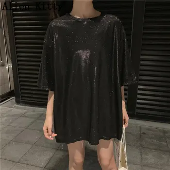 

Alien Kitty 2019 New Vintage Solid Luster Simple Loose Fresh Casual Hot Half-Sleeved Summer O-Neck Cotton Basic T-shirt 2 Colors