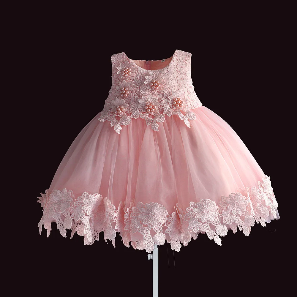 Свадебное пышное платье для маленьких девочек; праздничное платье принцессы для маленьких девочек на день рождения; платья на крестины с жемчугом для новорожденных; цвет РОЗОВЫЙ, От 0 до 3 лет
