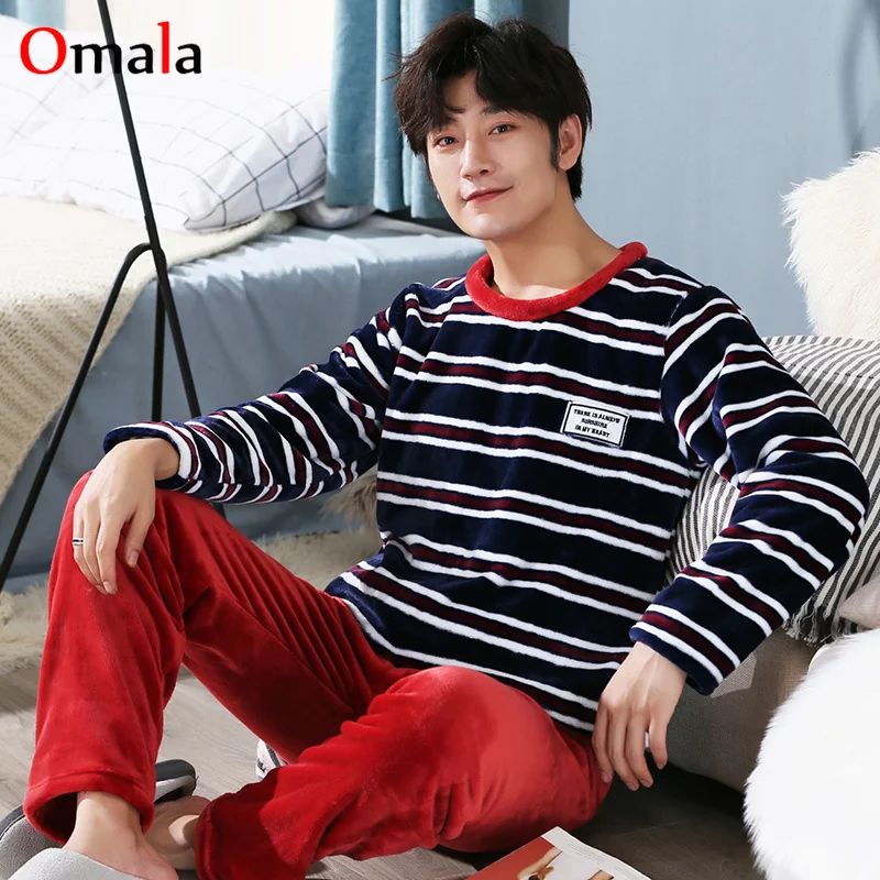 plus size 3XL 4XL 5XL Winter stripe Pajamas Men Thick Coral Fleece Man