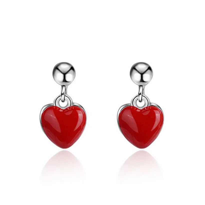 

Fashion 925 Sterling Silver Cute Romantic Lover Heart Red Enamel Small Stud Earrings For Girls Women Gift Earring Jewelry ED509