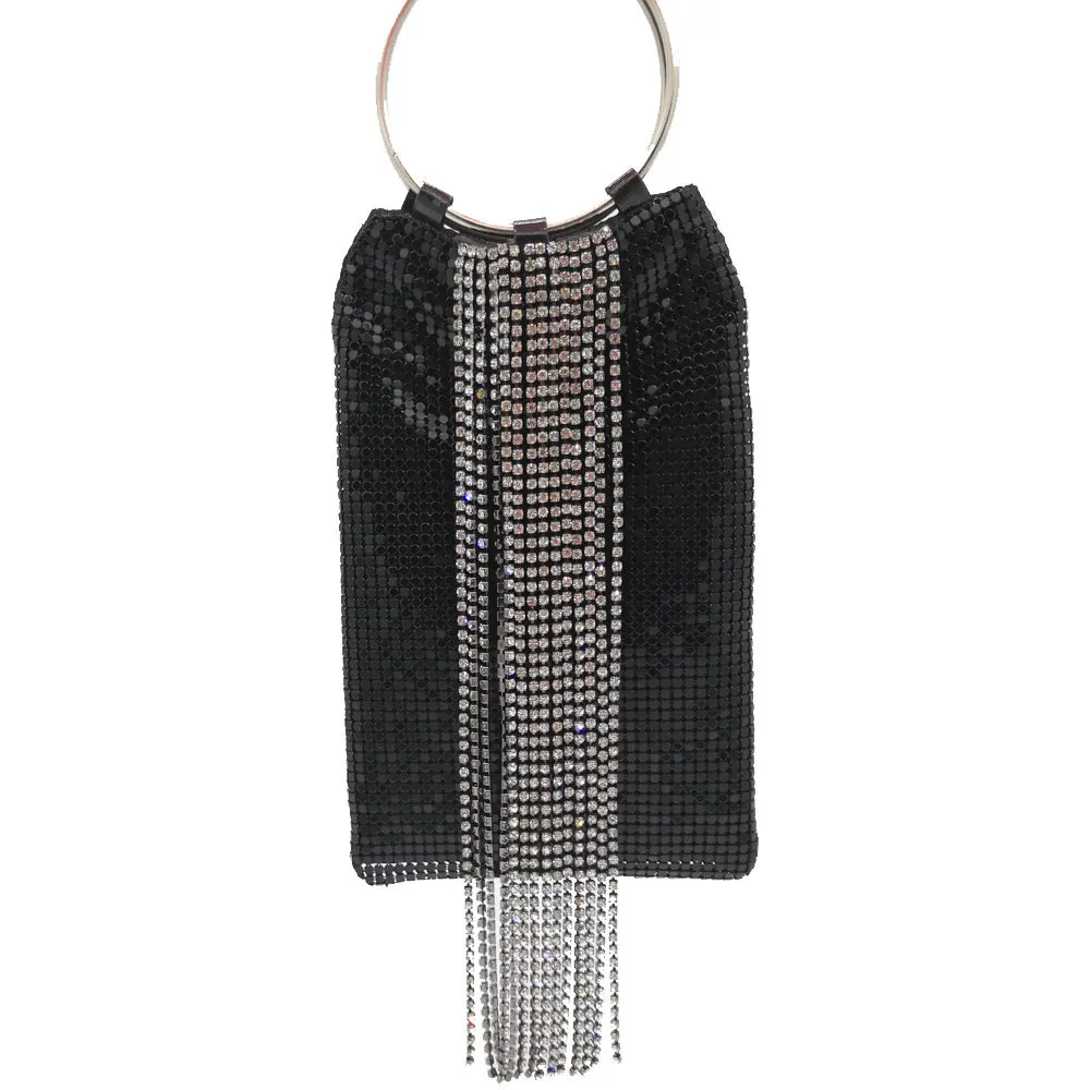 

Hand Bag Dazzling Black Crystal Tassel Women Aluminum Evening Purse Cocktail Party Wristlets Clutch Handbag