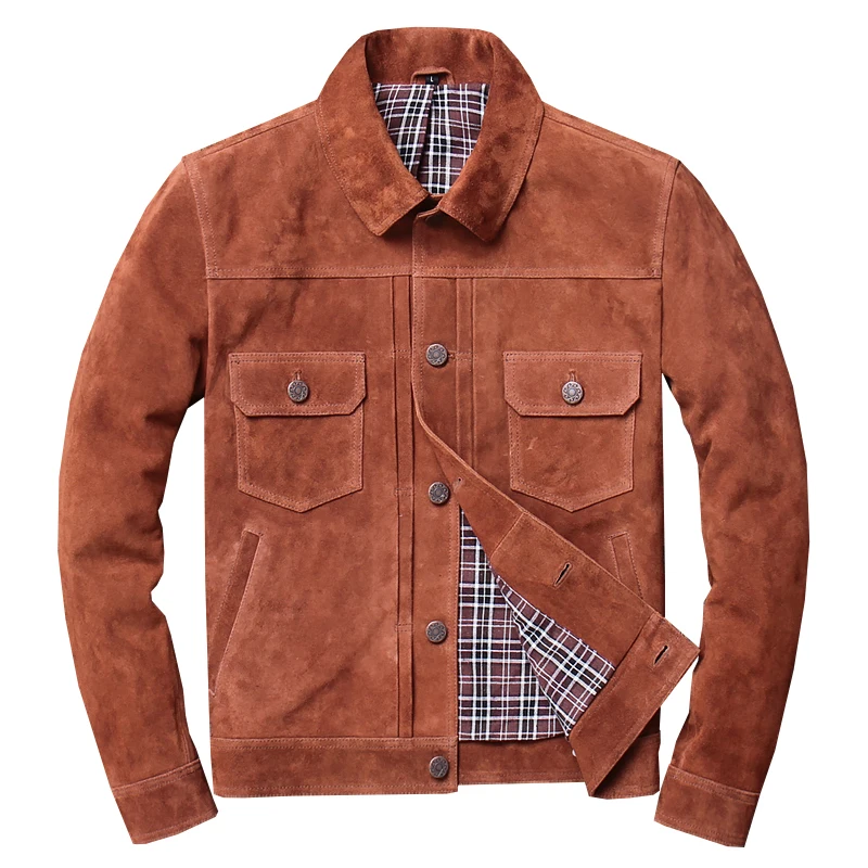 

2019 Brown Men American Casual Style Leather Jacket Single Breasted Plu Size XXXXL Genuine Cow Suede Spring Short Leather Coat