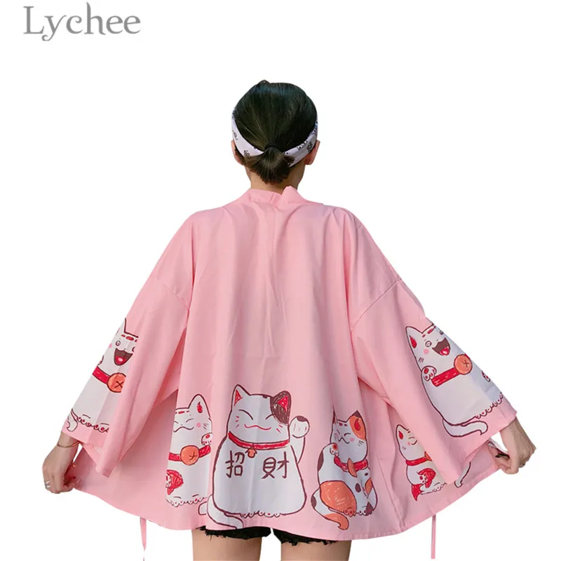 Lychee Harajuku Лаки Кот печати Блузка Кардиган женский японский кимоно с длинным