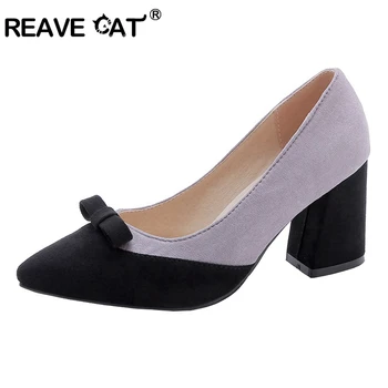 

REAVE CAT Shoes woman High heels Ladies pumps Pointed toe Flock Patchwork Butterfly-knot Apricot Purple Big size 30-47 Hot A1817