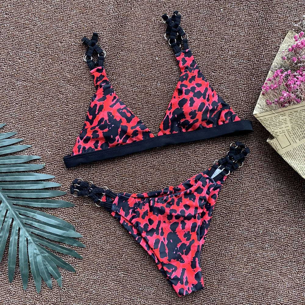 Красный Леопардовый принт сплайсинга спинки бандажный купальник, сексуальное бикини купальный костюм Женская одежда для плавания комплект бикини пуш-ап купальник для женщин
