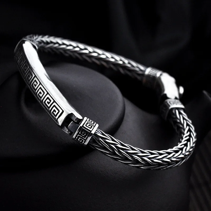 

Ethnic Real Pure 925 Sterling Silver Bracelet Punk MenBack pattern Turkish hand-woven bracelet Luck Bracelet Fine Jewelry