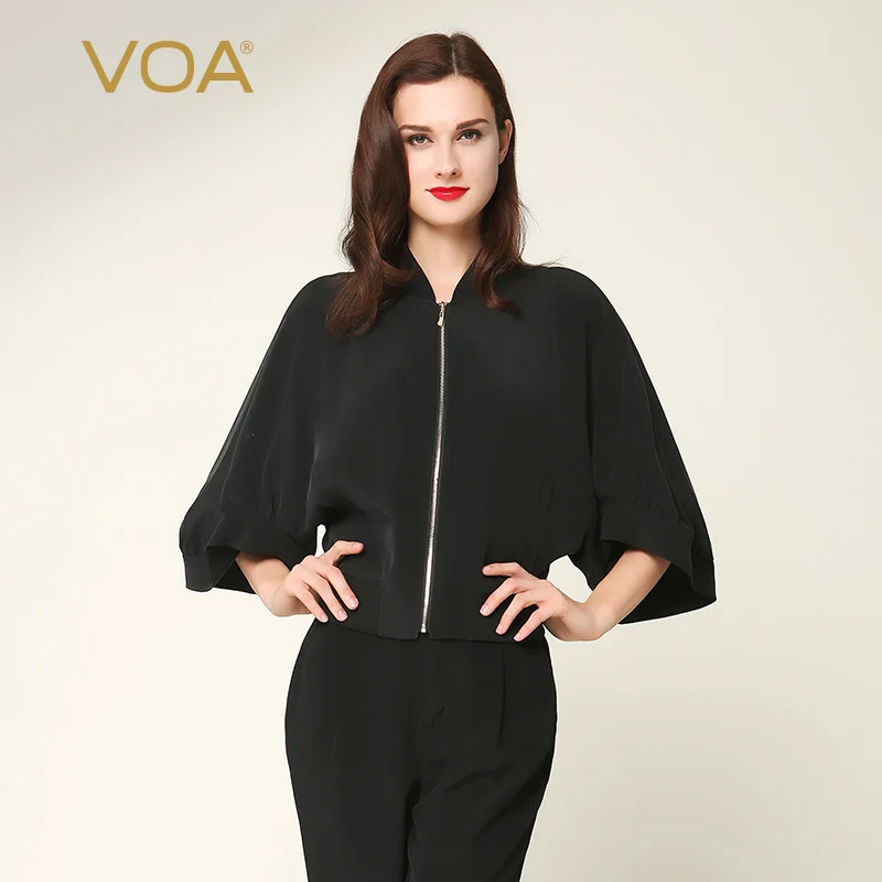 VOA 2017 Autumn Fashion Comfort Bat Sleeve Black Heavy Silk Jacket Plus Size Solid Brief Casual Zipper Women Thin Coat B7133