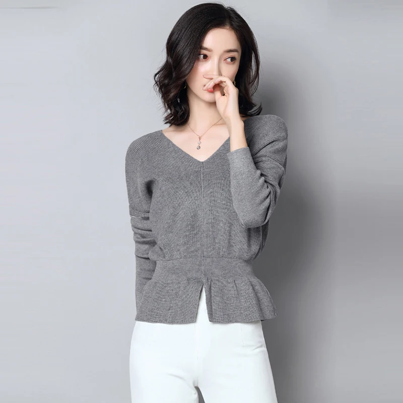 

2018 New Women Solid Color Pullovers Sweaters Winter V-neck Sweaters Fashion Short Knitted Long Sleeve Sweater Tops FP1352