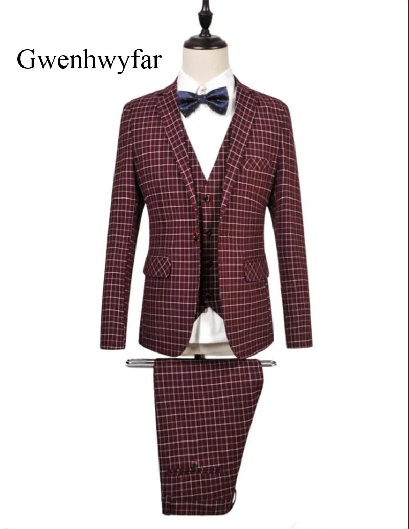 Descuento Caliente 2018 Nuevo Traje Para Hombre Para Boda De Corte Delgado Para Fiesta Para Hombre Rojo Azul A Cuadros Esmoquin Chaqueta Pantalon Chaleco September 2020