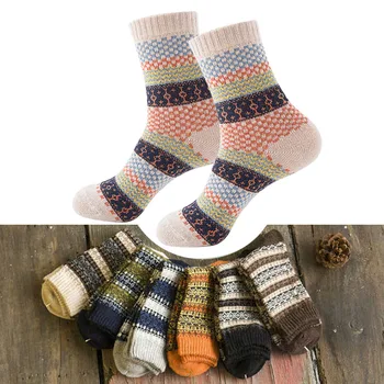 

16 Colors Men Women Vintage Striped Totem Winter Socks Teenager Merino Wool Socks Rabbit Wool Thick Thermal Socks Art For Male