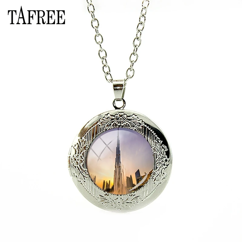 

TAFREE Hot Sale Burj Khalifa Tower In Dubai Picture Locket Necklace Personality Glass Decoration Pendant Chain Jewelry FA661