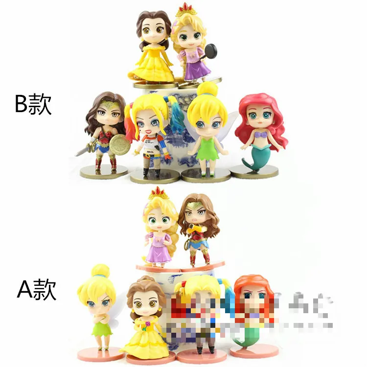 

6PCS Q Version Princess Flower Fairy Long Hair Belle Wonder Woman Doll Doll Toy Hand Cake Decoration Ornaments Anime Figure