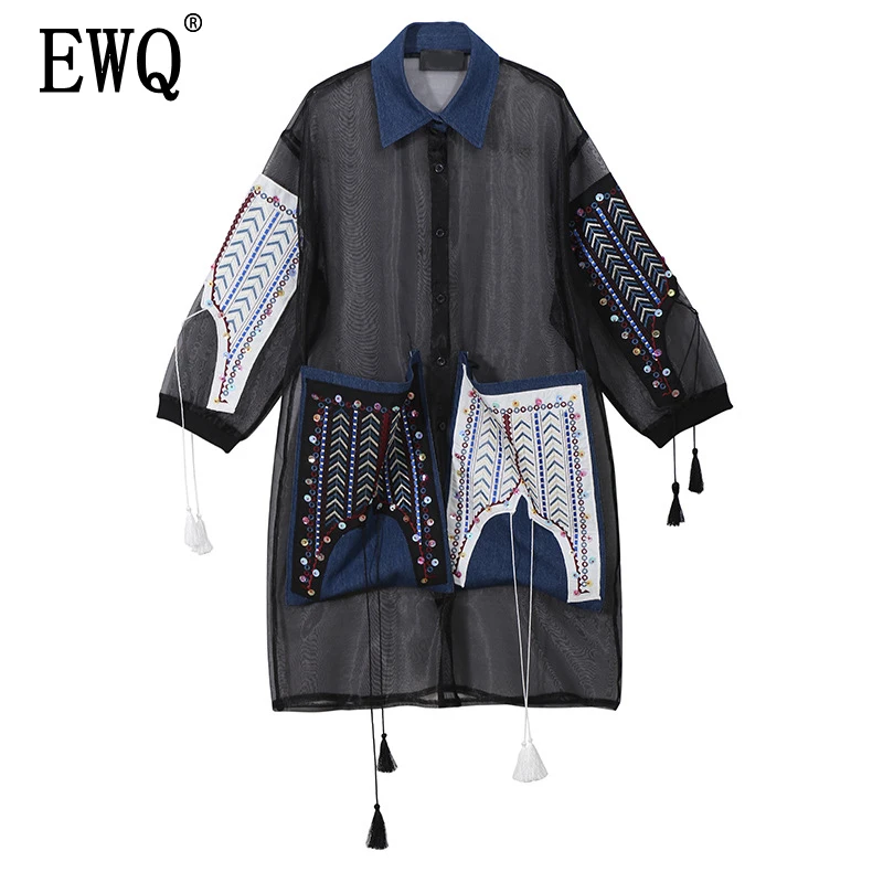

[EWQ] 2019 New Spring Summer Lapel Long Sleeve Black Organza Split Perspective Big Size Shirt Dress Women Fashion Tide JS042