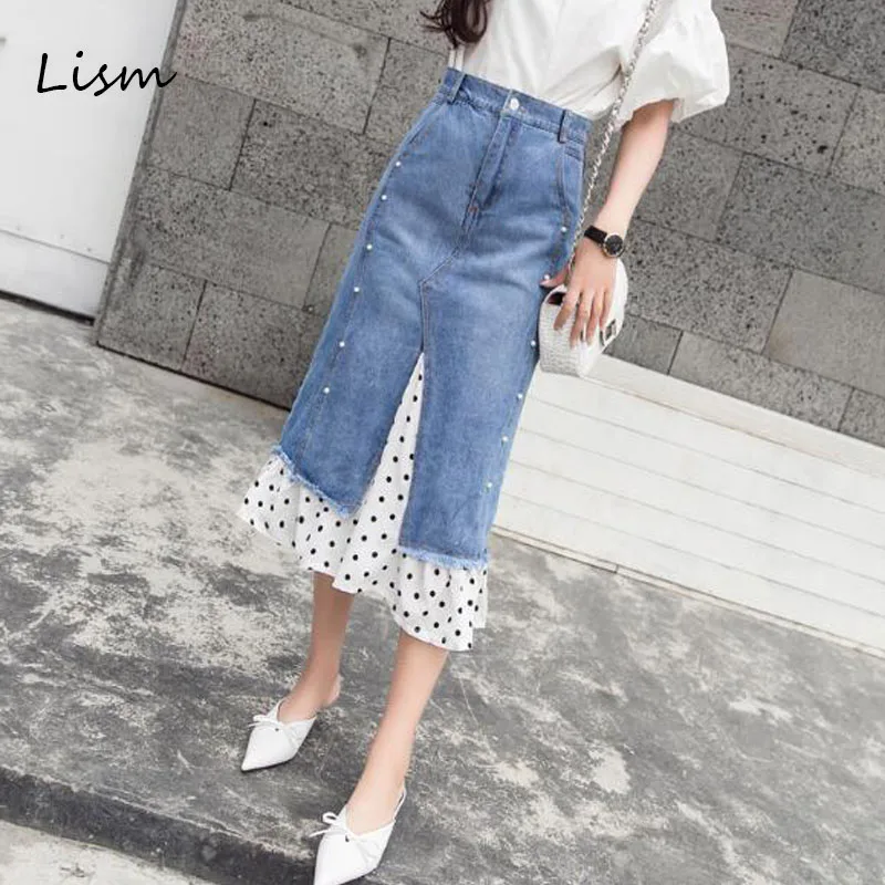 

LISM Maxi Long Patchwork Denim Skirts S-2XL Plus Size Straight Style Casual Streetwear Dot Printed Spring Summer Jupe en Jean