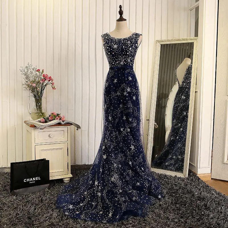 Vivian's Bridal звездное небо роскошное вечернее платье, расшитое блестками и бриллиантовыми бусинами, темно-синее Звездное платье на молнии со шлейфом, женское вечернее платье