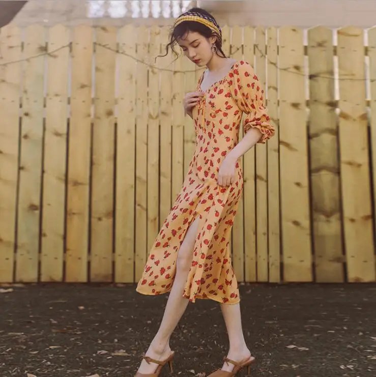

Yellow Midi Dress Floral Chiffon Split Dresses Vintage Women Summer Vestidos